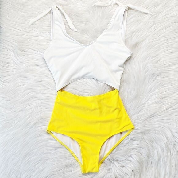 SHEIN Ribbed Cut Out One Piece Bathing Suit White & Yellow Small - Picture 1 of 5